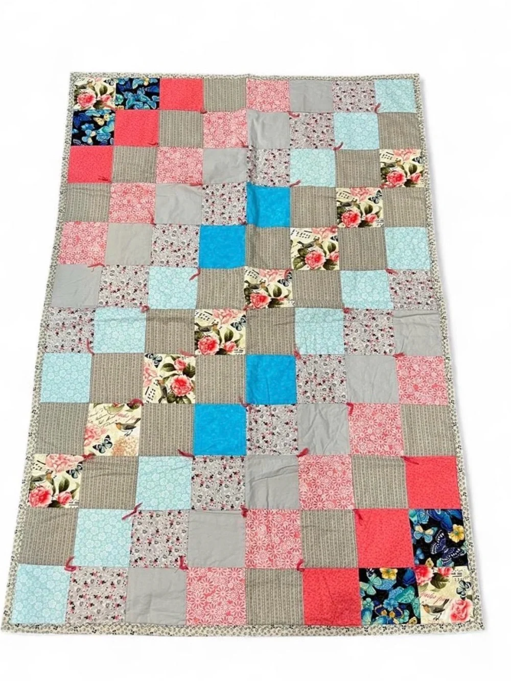 Handmade Patchwork Quilt Throw in Coral, Blue, Gray and Floral
